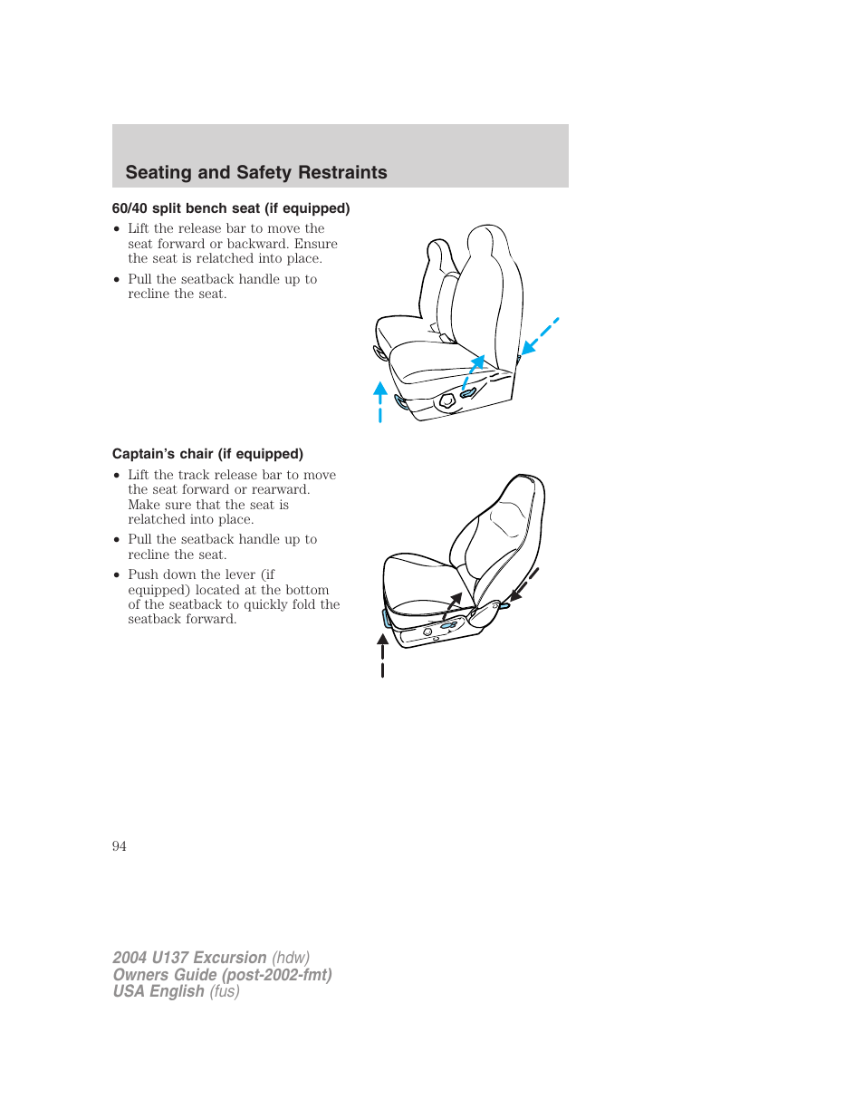 Seating and safety restraints | FORD 2004 Excursion User Manual | Page 94 / 264