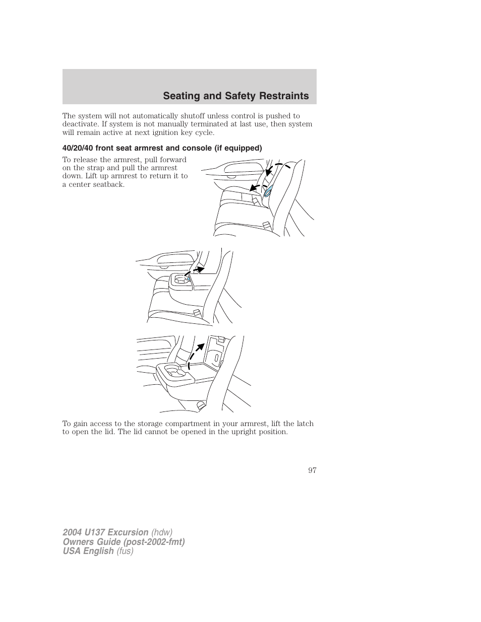 Seating and safety restraints | FORD 2004 Excursion User Manual | Page 97 / 264