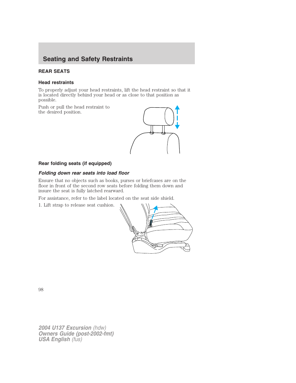 Seating and safety restraints | FORD 2004 Excursion User Manual | Page 98 / 264