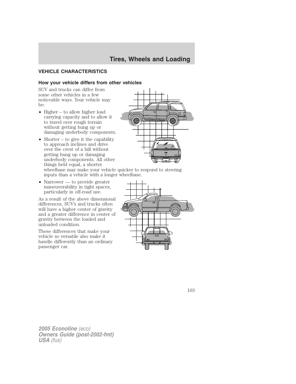 Vehicle characteristics, How your vehicle differs from other vehicles, Tires, wheels and loading | FORD 2005 E-150 User Manual | Page 103 / 248