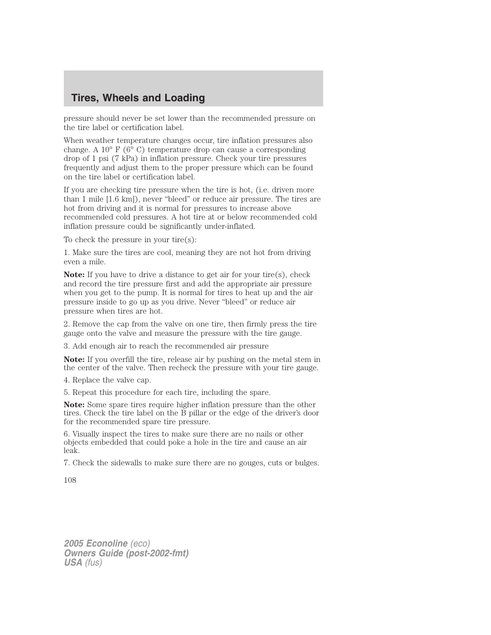 Tires, wheels and loading | FORD 2005 E-150 User Manual | Page 108 / 248