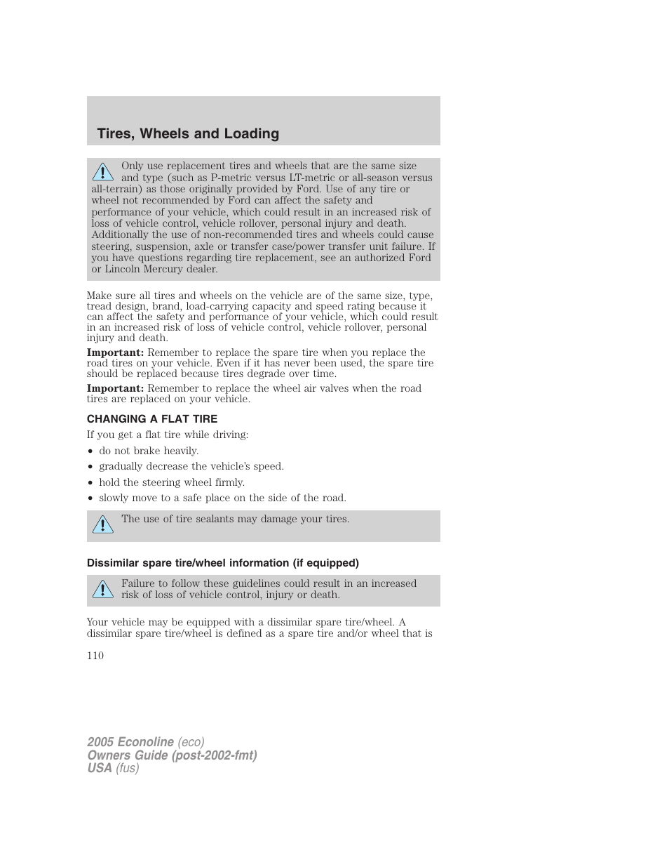 Changing a flat tire, Changing tires, Tires, wheels and loading | FORD 2005 E-150 User Manual | Page 110 / 248