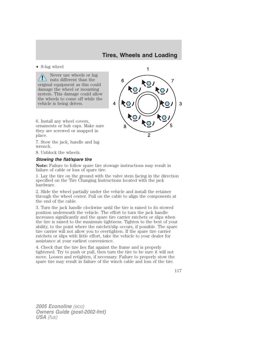 Stowing the flat/spare tire, Tires, wheels and loading | FORD 2005 E-150 User Manual | Page 117 / 248