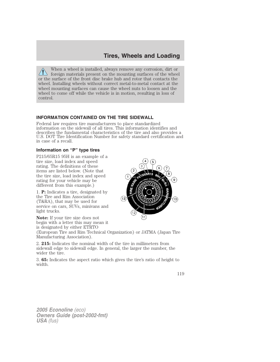 Information contained on the tire sidewall, Information on “p” type tires, Tires, wheels and loading | FORD 2005 E-150 User Manual | Page 119 / 248