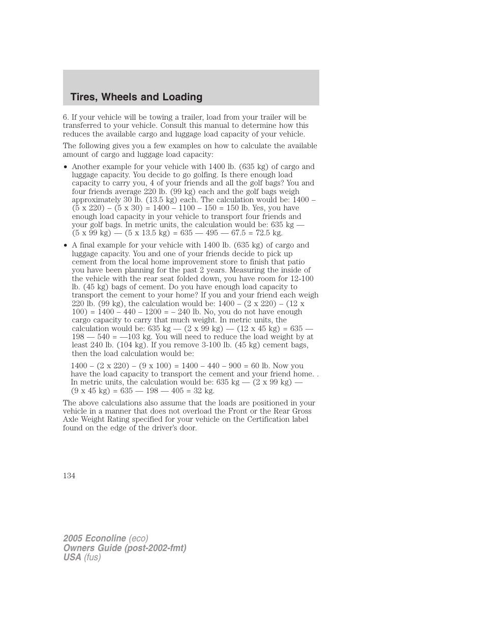 Tires, wheels and loading | FORD 2005 E-150 User Manual | Page 134 / 248
