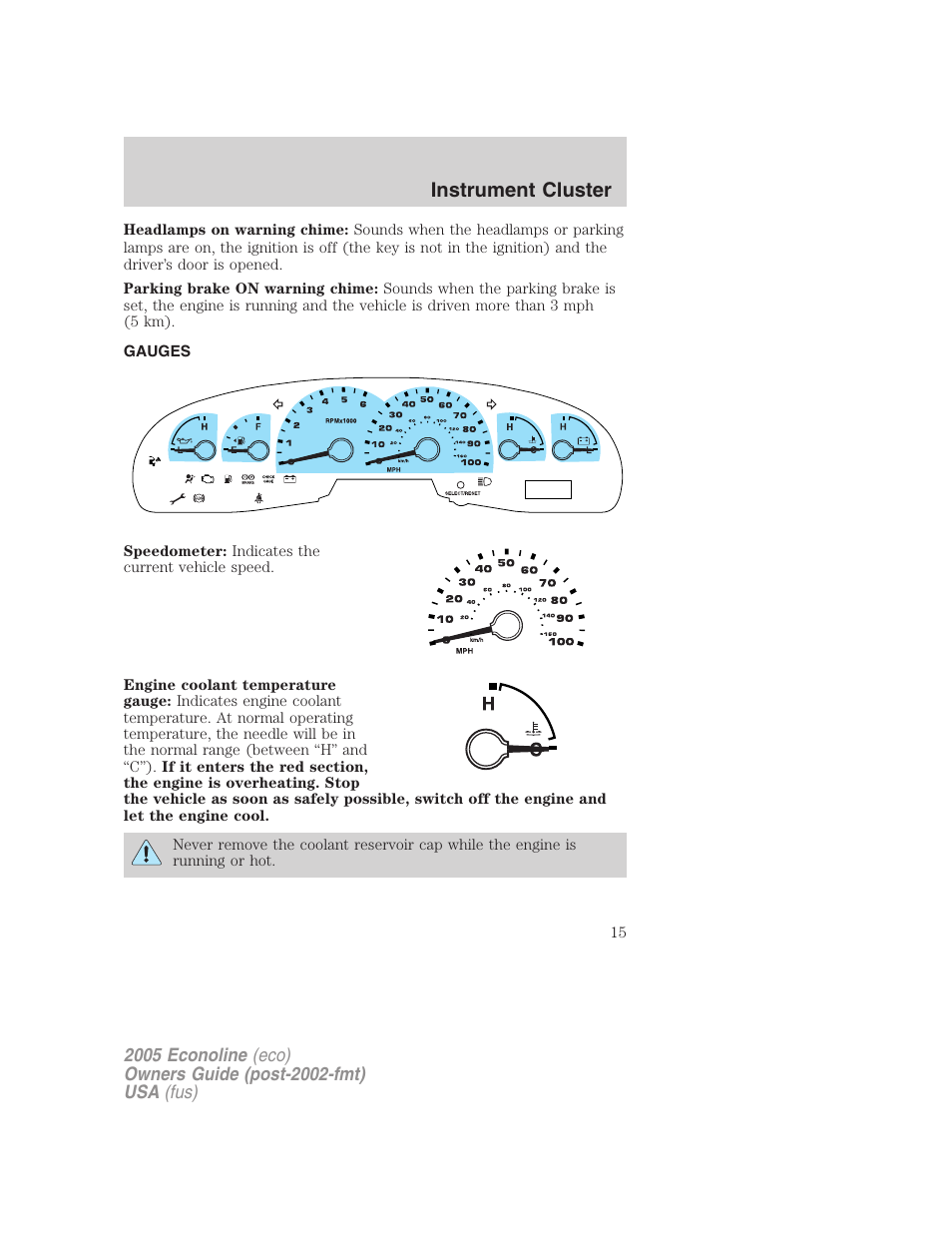 Gauges, Instrument cluster | FORD 2005 E-150 User Manual | Page 15 / 248