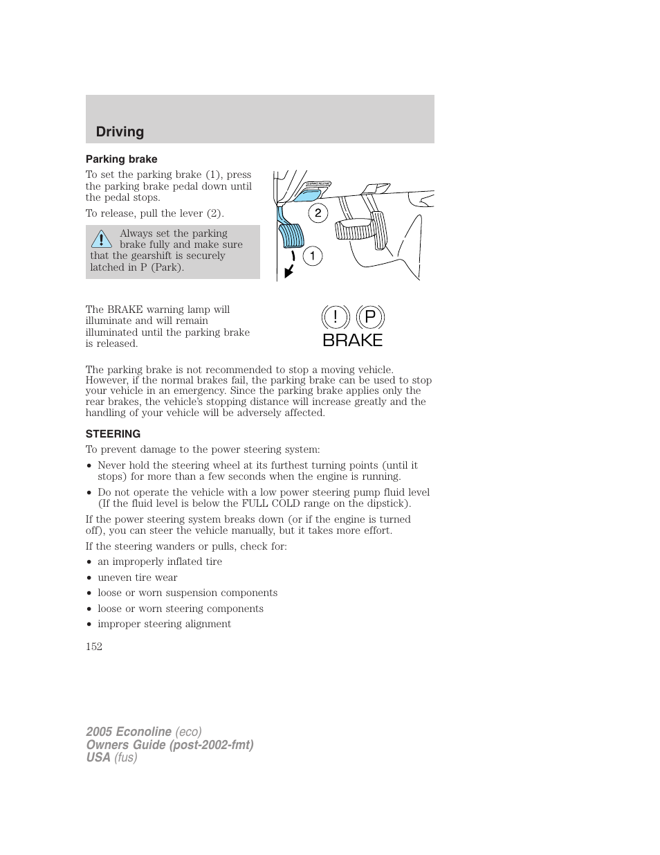 Parking brake, Steering, P! brake | FORD 2005 E-150 User Manual | Page 152 / 248