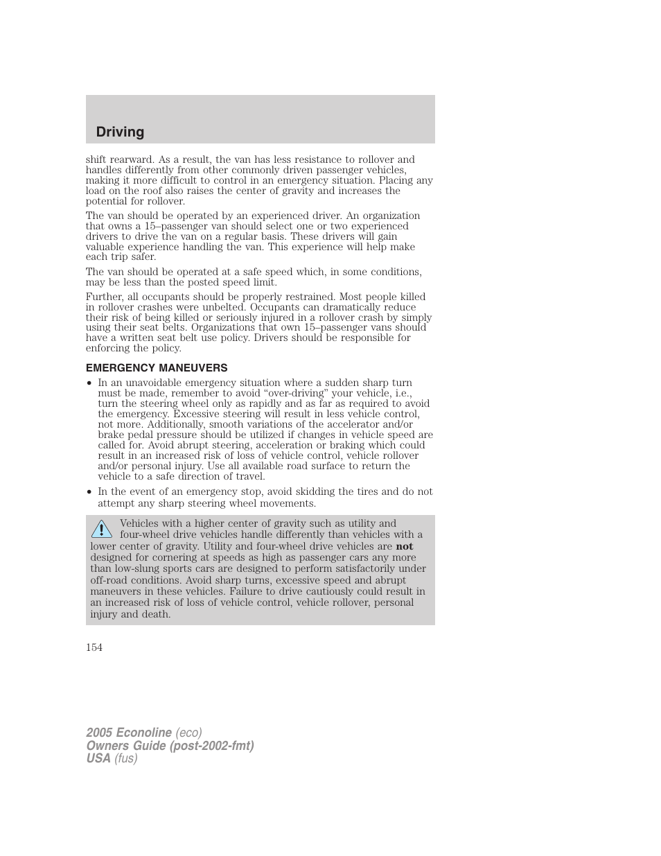 Emergency maneuvers, Driving | FORD 2005 E-150 User Manual | Page 154 / 248