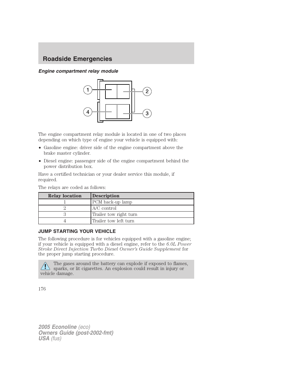 Engine compartment relay module, Jump starting your vehicle, Jump starting | Roadside emergencies | FORD 2005 E-150 User Manual | Page 176 / 248
