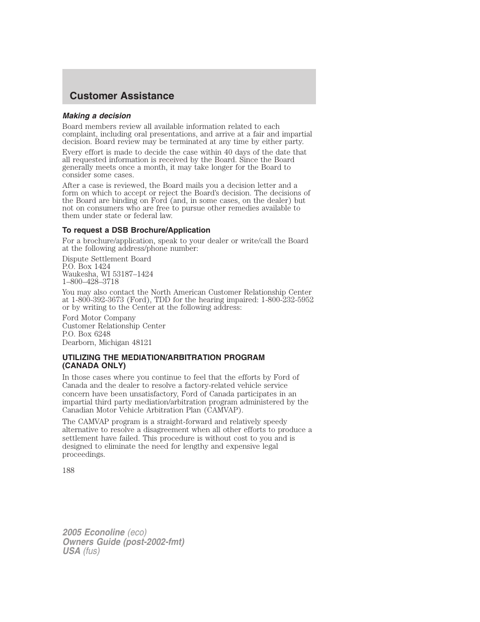 Making a decision, To request a dsb brochure/application, Customer assistance | FORD 2005 E-150 User Manual | Page 188 / 248