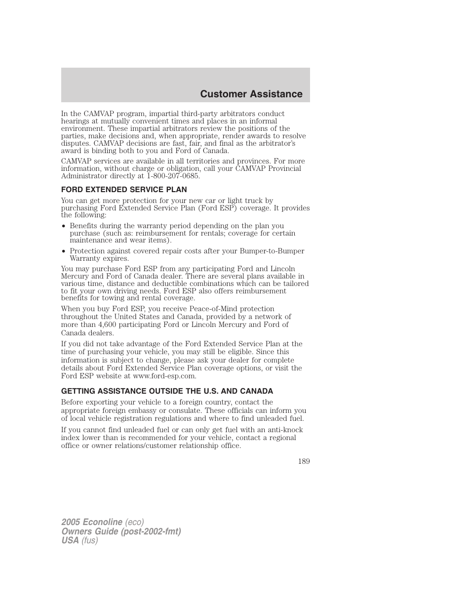 Ford extended service plan, Getting assistance outside the u.s. and canada, Customer assistance | FORD 2005 E-150 User Manual | Page 189 / 248