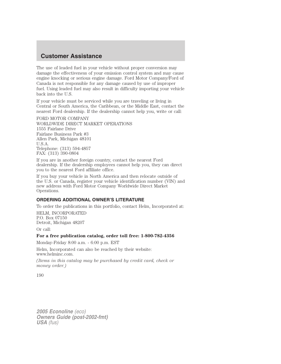 Ordering additional owner’s literature, Customer assistance | FORD 2005 E-150 User Manual | Page 190 / 248