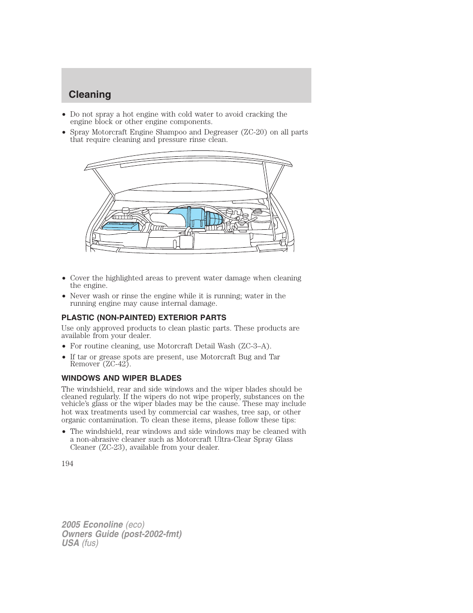 Plastic (non-painted) exterior parts, Windows and wiper blades, Cleaning | FORD 2005 E-150 User Manual | Page 194 / 248