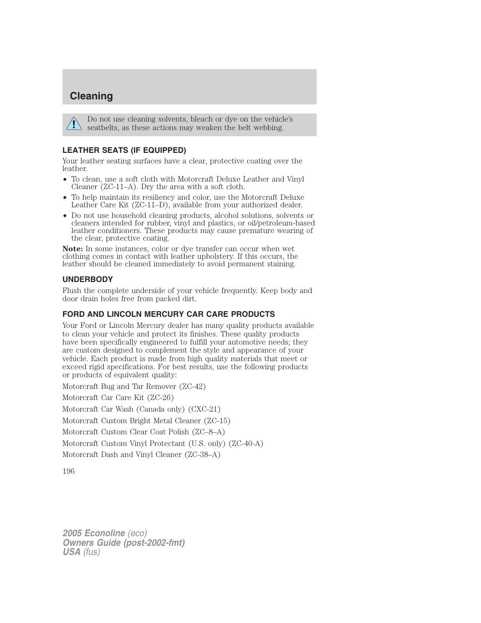 Leather seats (if equipped), Underbody, Ford and lincoln mercury car care products | Underbody preservation, Cleaning | FORD 2005 E-150 User Manual | Page 196 / 248