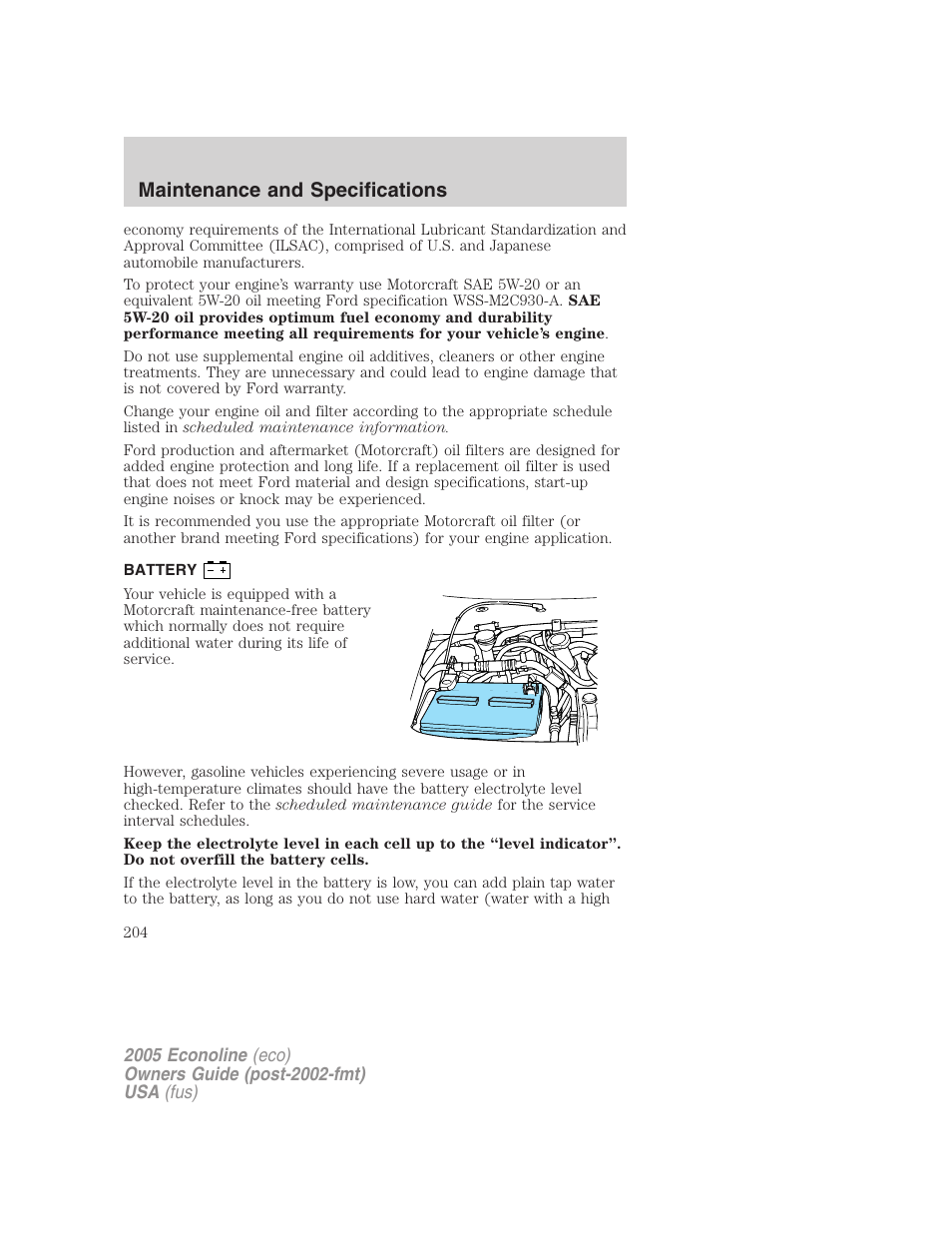 Battery, Maintenance and specifications | FORD 2005 E-150 User Manual | Page 204 / 248