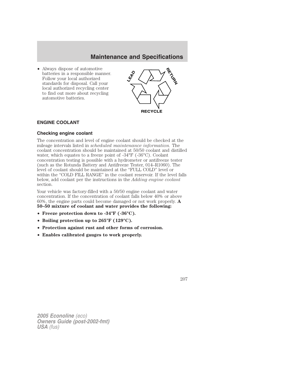 Engine coolant, Checking engine coolant, Maintenance and specifications | FORD 2005 E-150 User Manual | Page 207 / 248