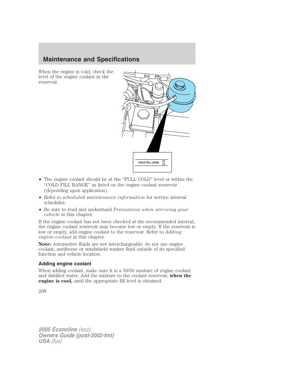 Adding engine coolant, Maintenance and specifications | FORD 2005 E-150 User Manual | Page 208 / 248