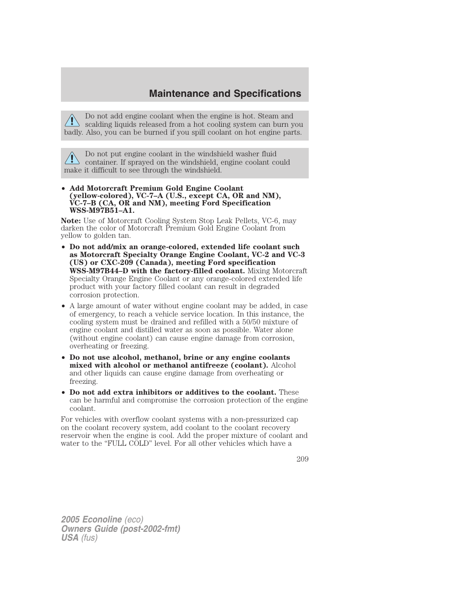 Maintenance and specifications | FORD 2005 E-150 User Manual | Page 209 / 248