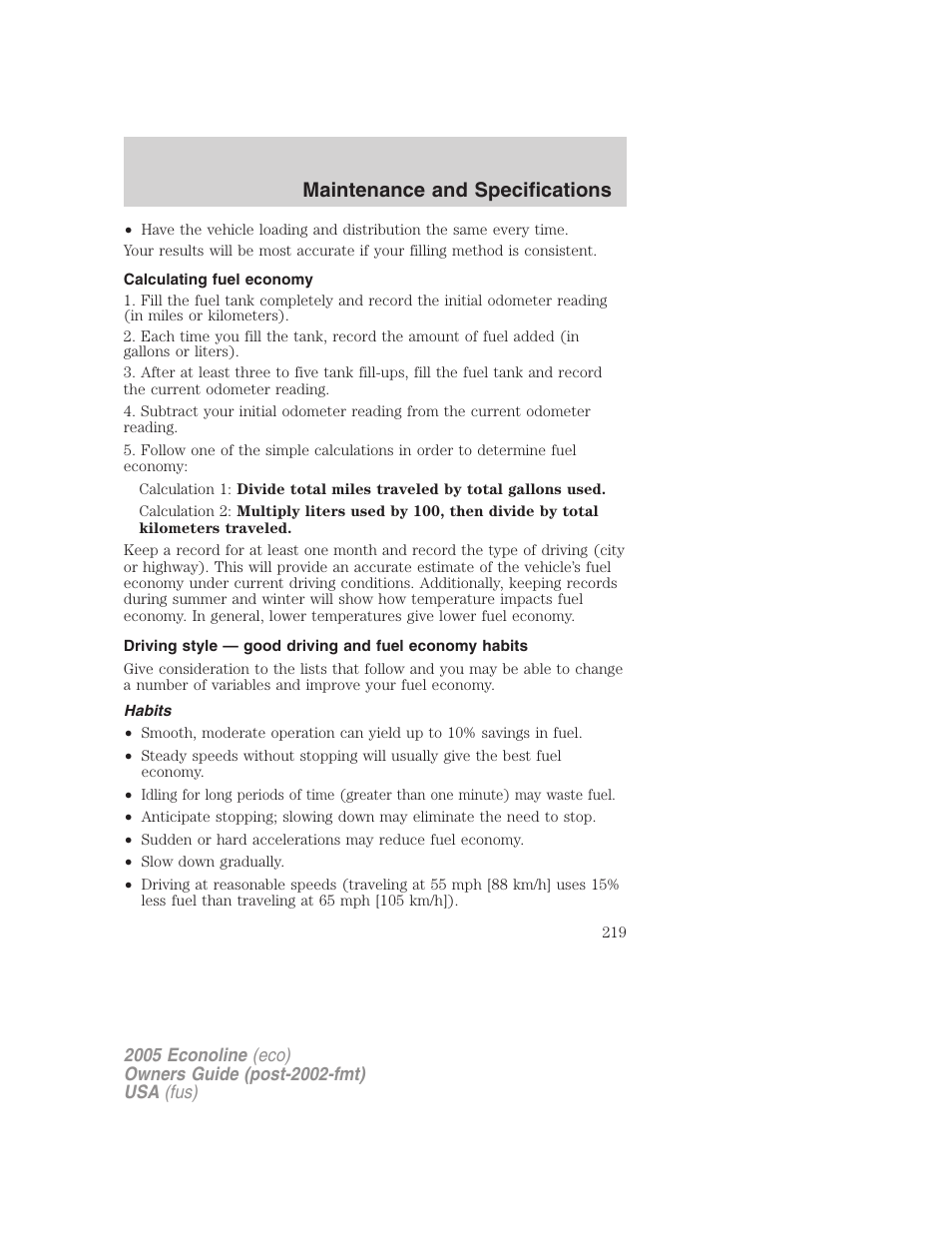 Calculating fuel economy, Habits, Maintenance and specifications | FORD 2005 E-150 User Manual | Page 219 / 248