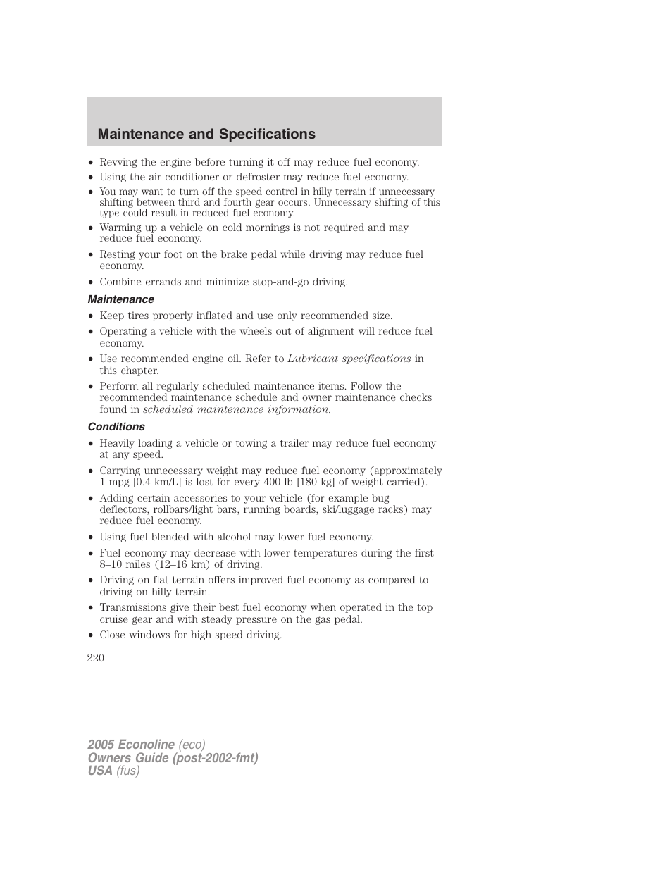 Maintenance, Conditions, Maintenance and specifications | FORD 2005 E-150 User Manual | Page 220 / 248