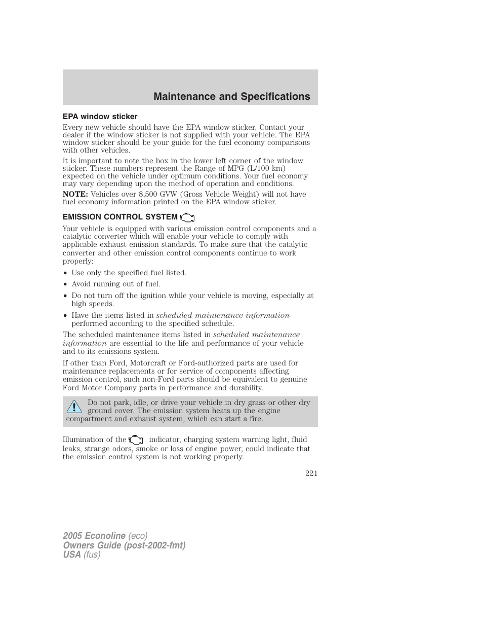 Epa window sticker, Emission control system, Maintenance and specifications | FORD 2005 E-150 User Manual | Page 221 / 248