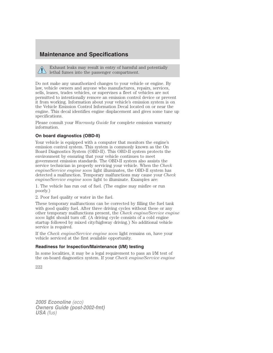 On board diagnostics (obd-ii), Readiness for inspection/maintenance (i/m) testing, Maintenance and specifications | FORD 2005 E-150 User Manual | Page 222 / 248