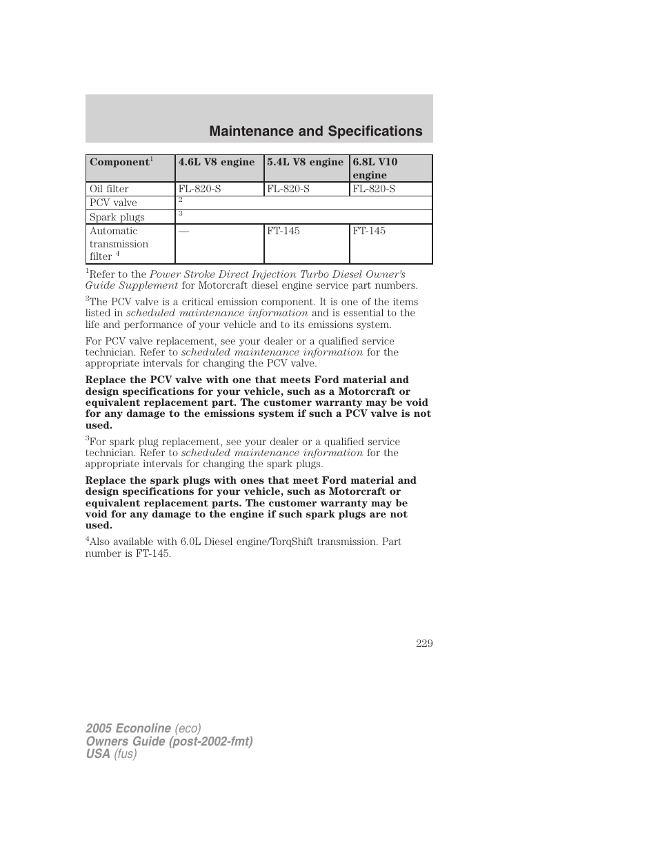 Maintenance and specifications | FORD 2005 E-150 User Manual | Page 229 / 248