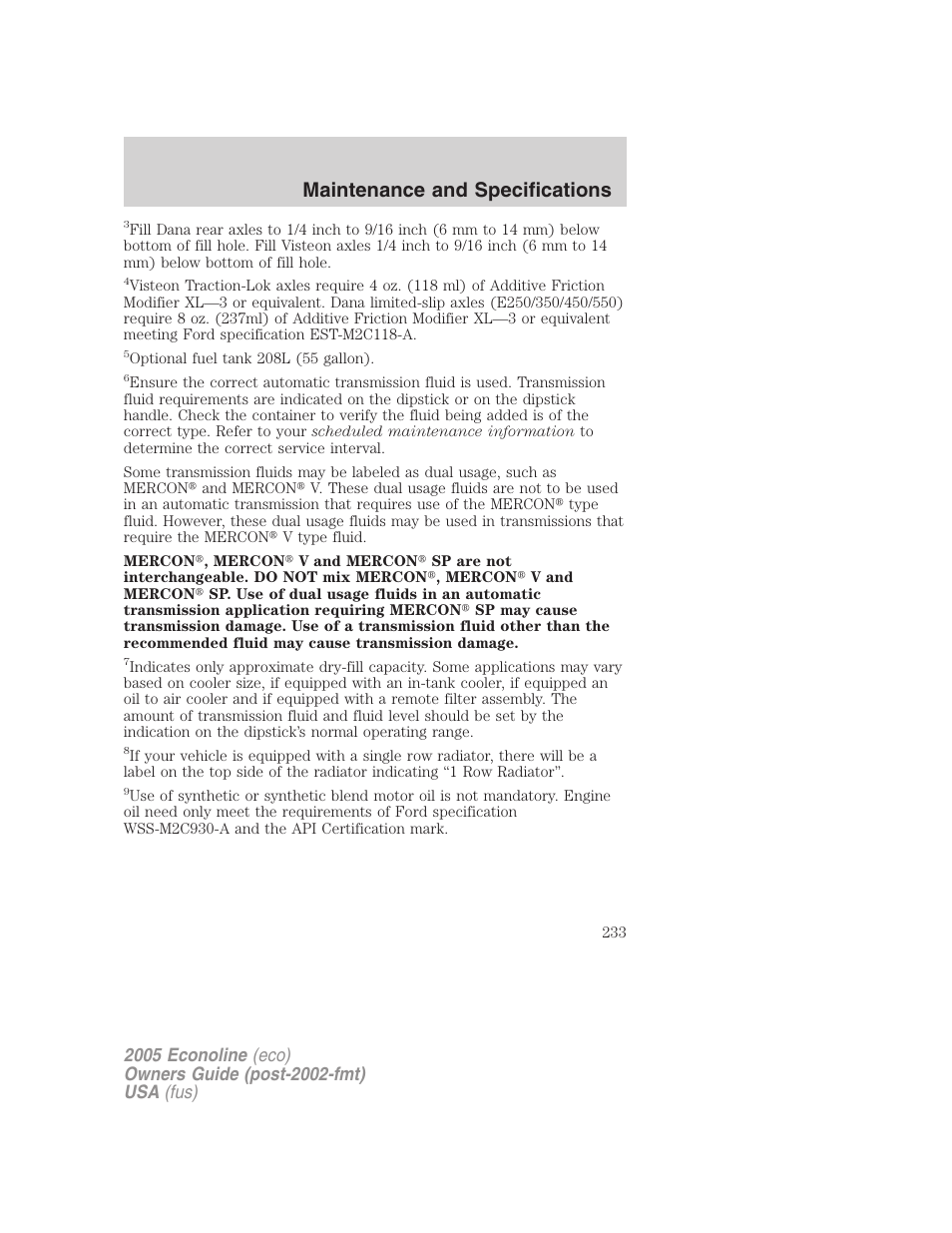 Maintenance and specifications | FORD 2005 E-150 User Manual | Page 233 / 248
