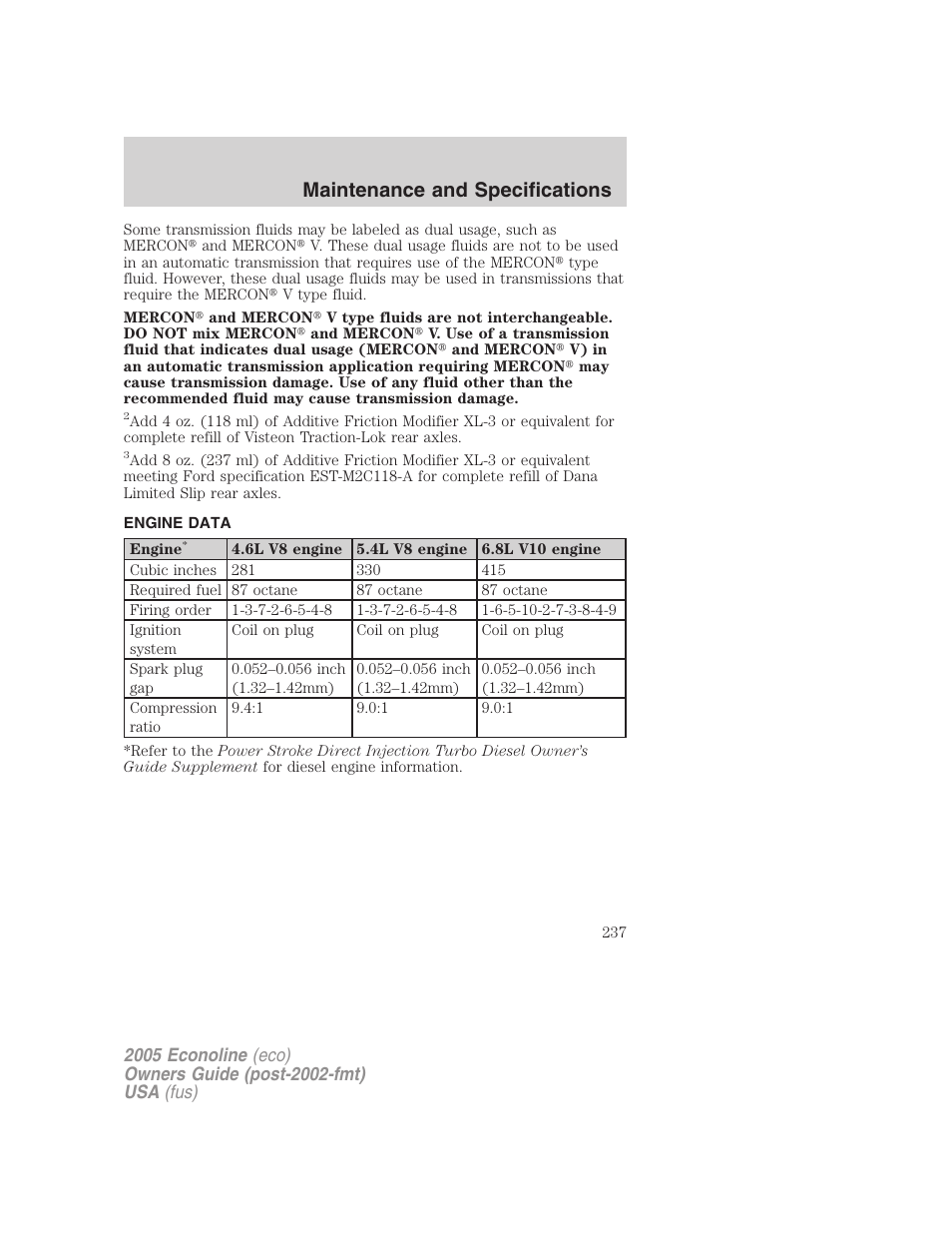 Engine data, Maintenance and specifications | FORD 2005 E-150 User Manual | Page 237 / 248