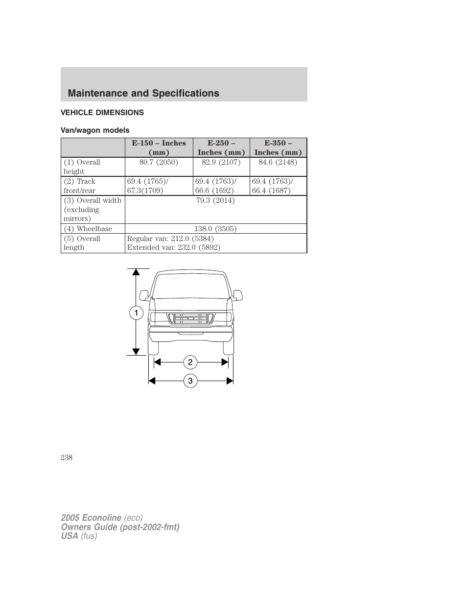 Vehicle dimensions, Van/wagon models, Maintenance and specifications | FORD 2005 E-150 User Manual | Page 238 / 248