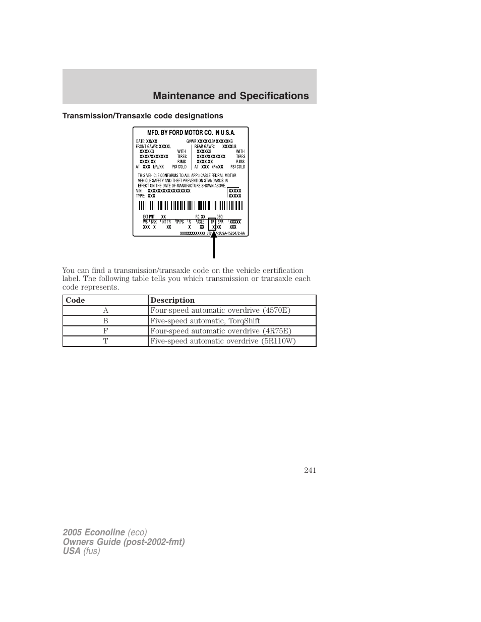 Transmission/transaxle code designations, Maintenance and specifications | FORD 2005 E-150 User Manual | Page 241 / 248