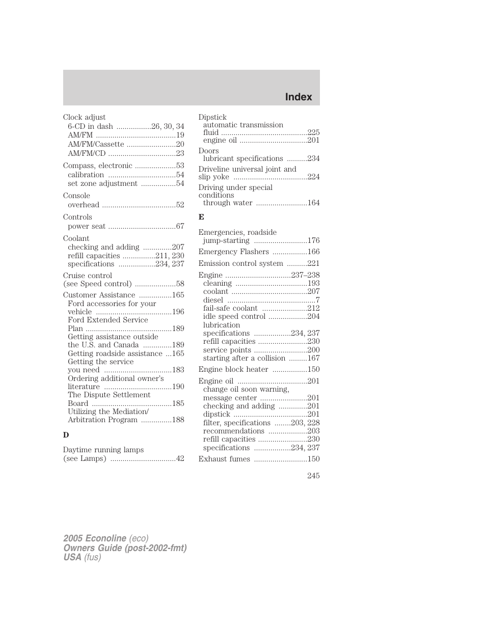 Index | FORD 2005 E-150 User Manual | Page 245 / 248