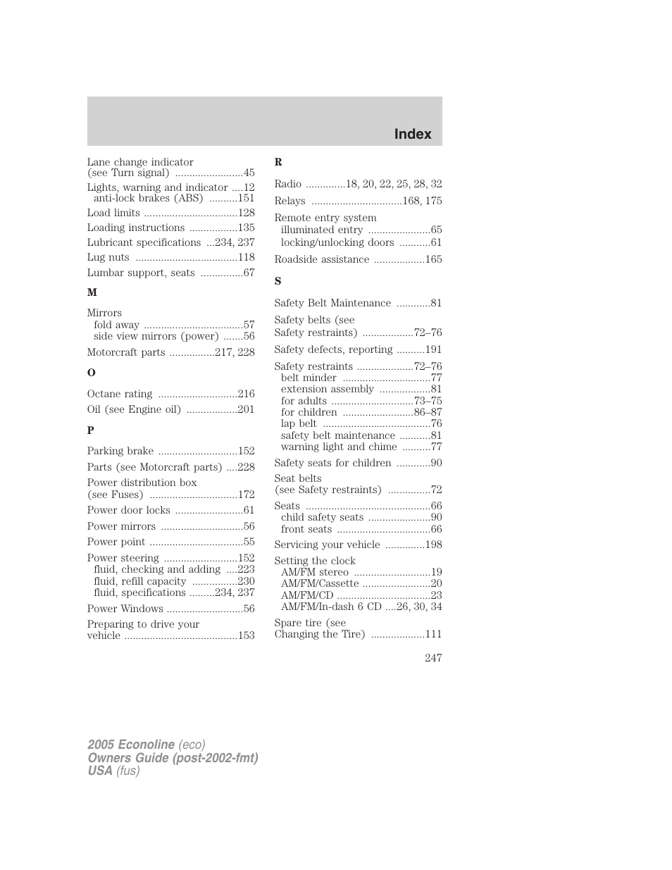 Index | FORD 2005 E-150 User Manual | Page 247 / 248