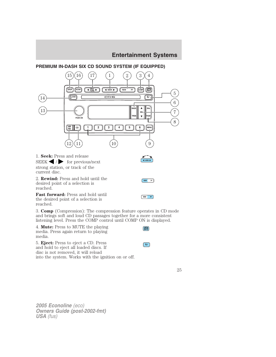 Premium in-dash six cd sound system (if equipped), Am/fm stereo with in-dash six cd, Entertainment systems | FORD 2005 E-150 User Manual | Page 25 / 248