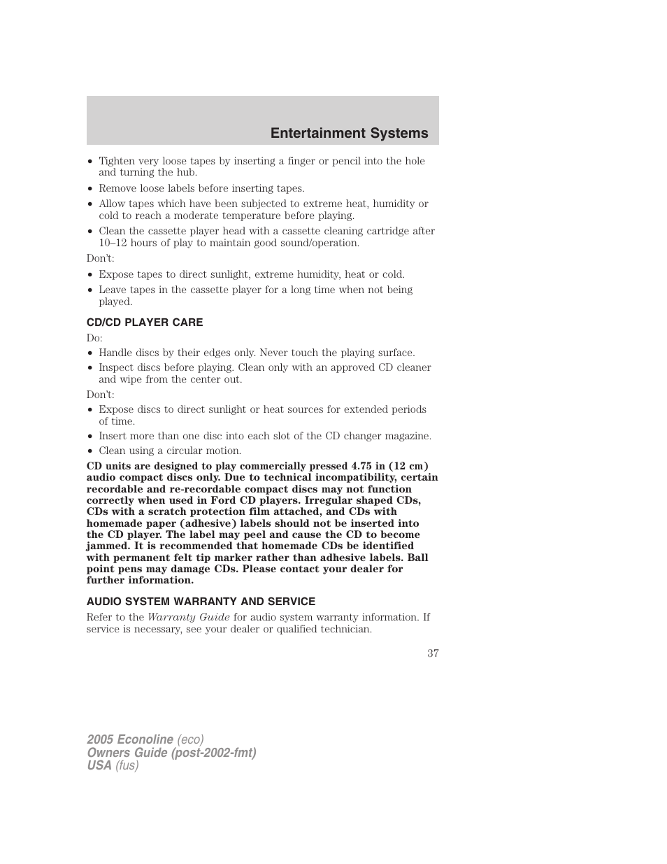 Cd/cd player care, Audio system warranty and service, Entertainment systems | FORD 2005 E-150 User Manual | Page 37 / 248