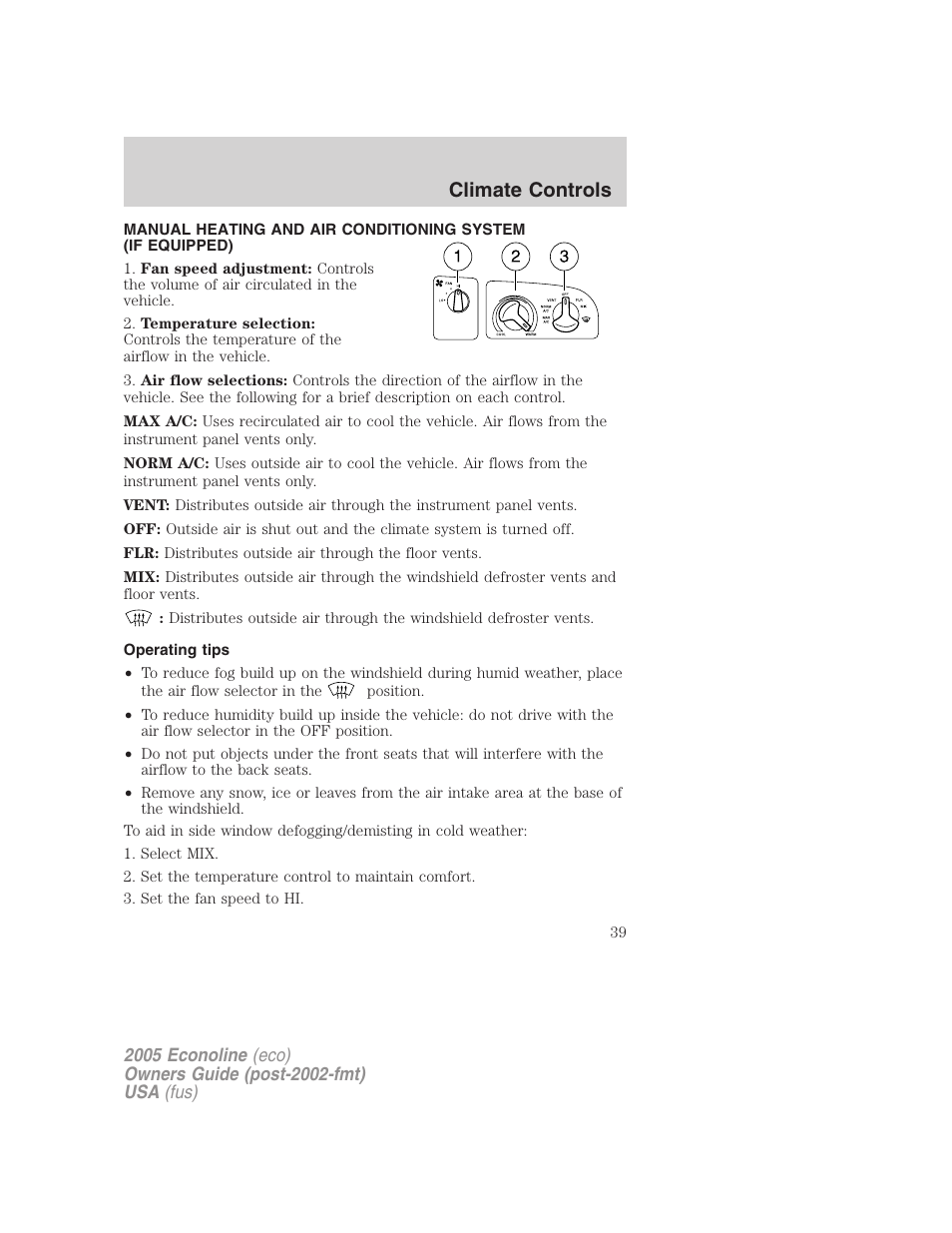 Operating tips, Manual heating and air conditioning, Climate controls | FORD 2005 E-150 User Manual | Page 39 / 248