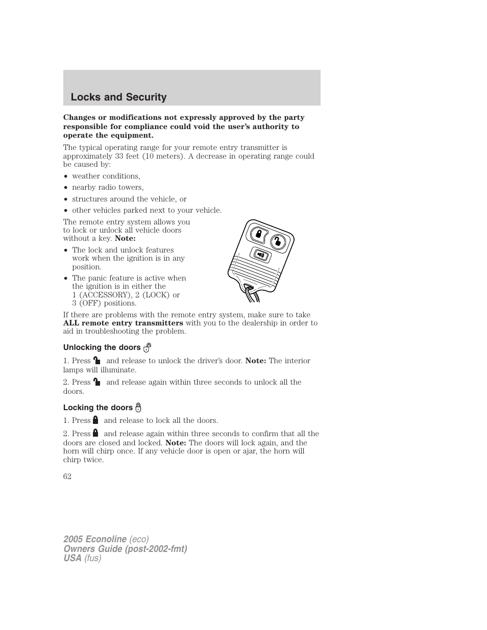 Unlocking the doors, Locking the doors, Locks and security | FORD 2005 E-150 User Manual | Page 62 / 248