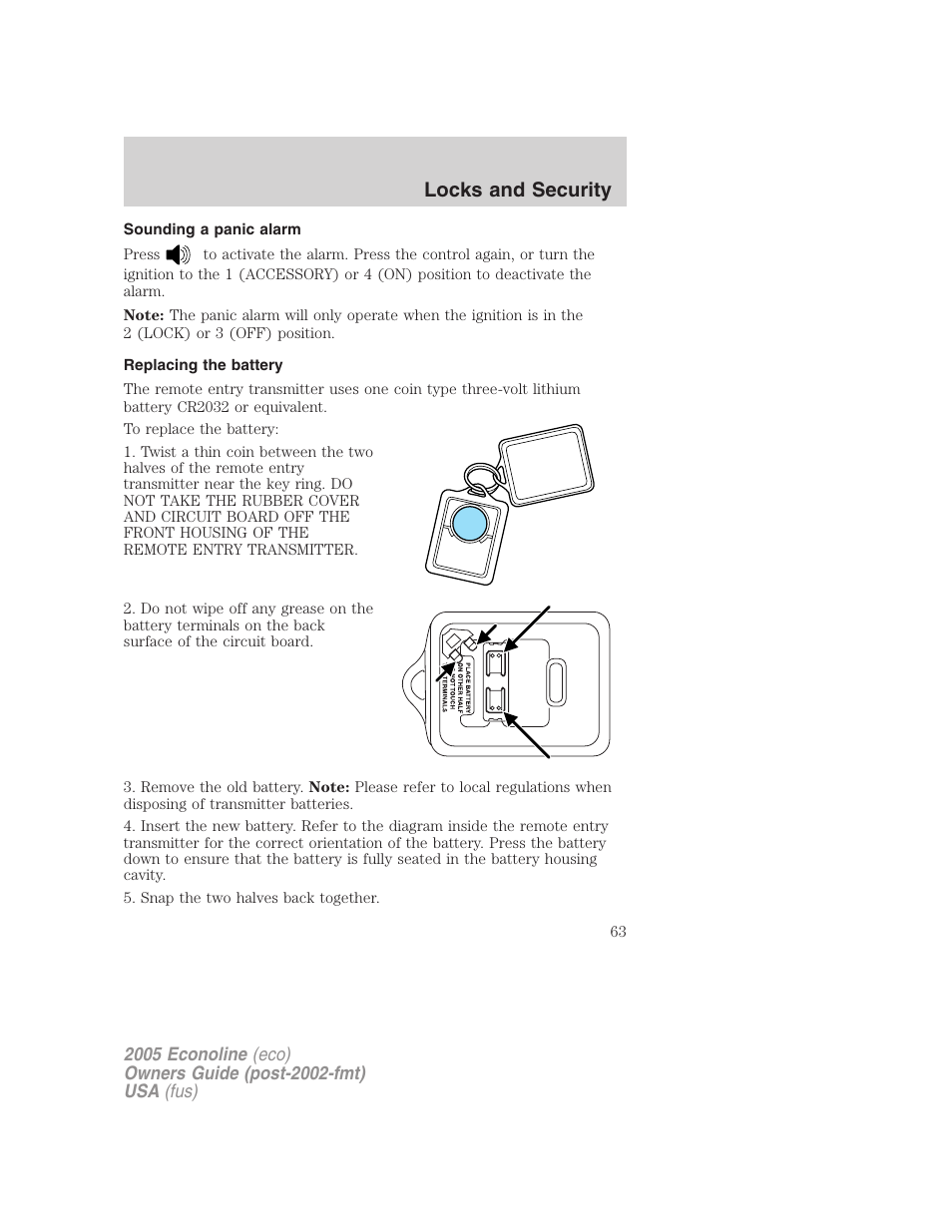 Sounding a panic alarm, Replacing the battery, Locks and security | FORD 2005 E-150 User Manual | Page 63 / 248