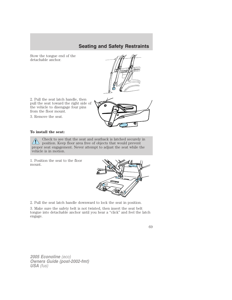 Seating and safety restraints | FORD 2005 E-150 User Manual | Page 69 / 248