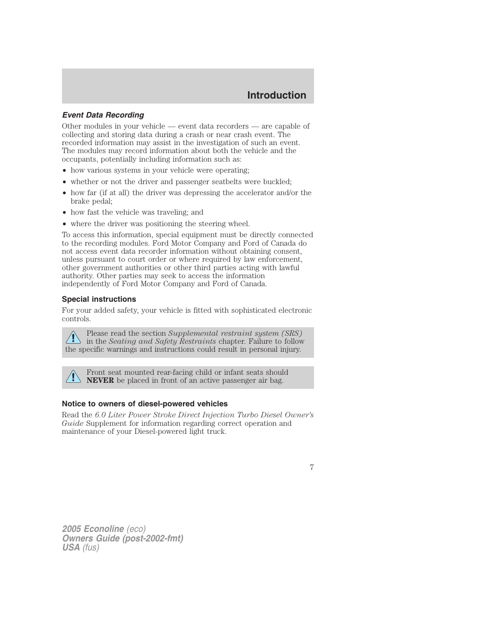 Event data recording, Special instructions, Notice to owners of diesel-powered vehicles | Introduction | FORD 2005 E-150 User Manual | Page 7 / 248