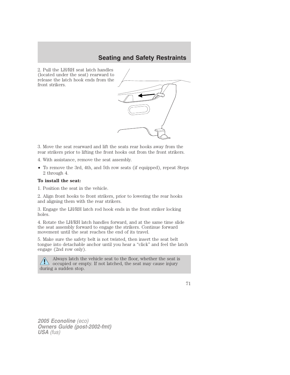Seating and safety restraints | FORD 2005 E-150 User Manual | Page 71 / 248
