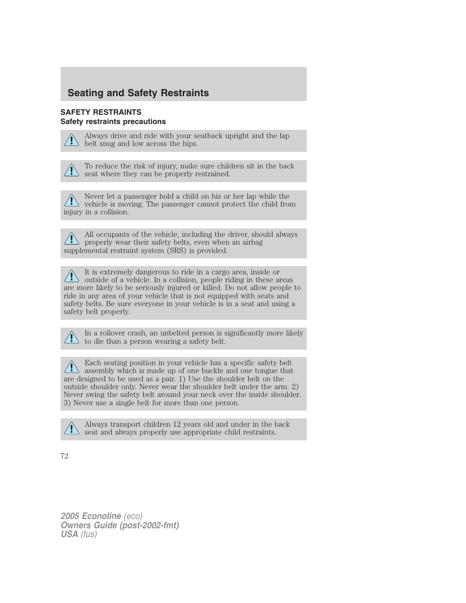 Safety restraints, Safety restraints precautions, Seating and safety restraints | FORD 2005 E-150 User Manual | Page 72 / 248