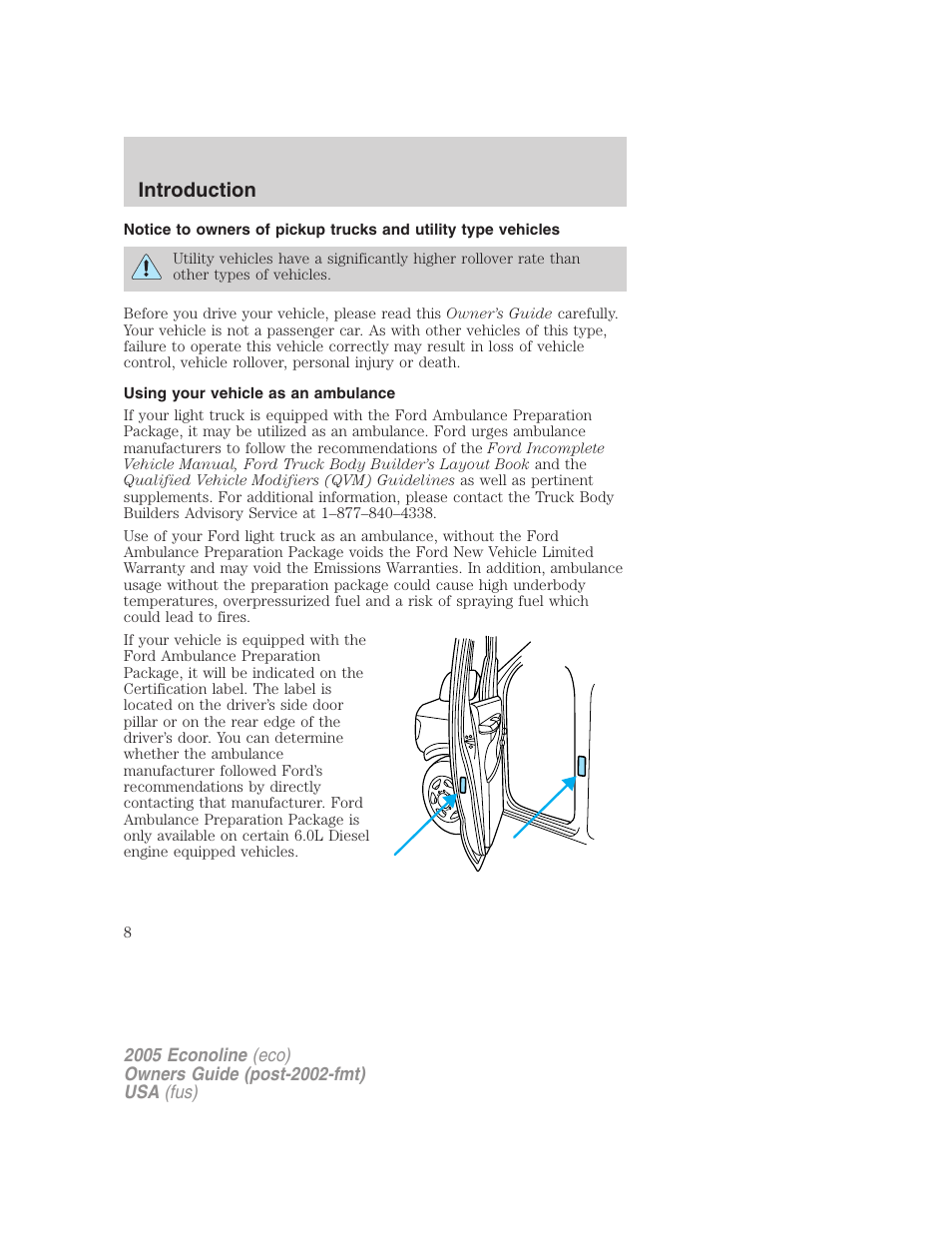 Using your vehicle as an ambulance, Introduction | FORD 2005 E-150 User Manual | Page 8 / 248