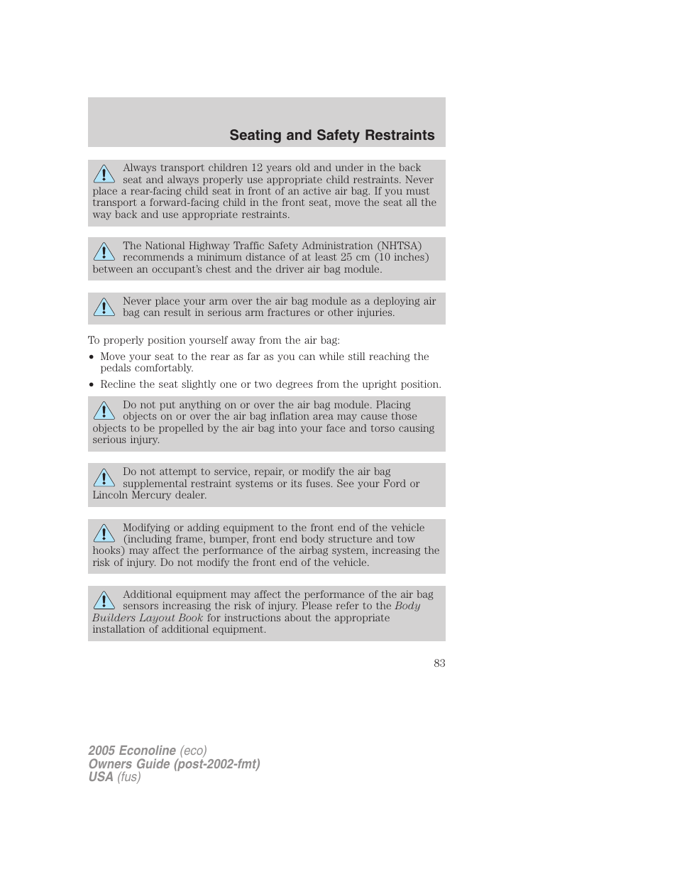 Seating and safety restraints | FORD 2005 E-150 User Manual | Page 83 / 248