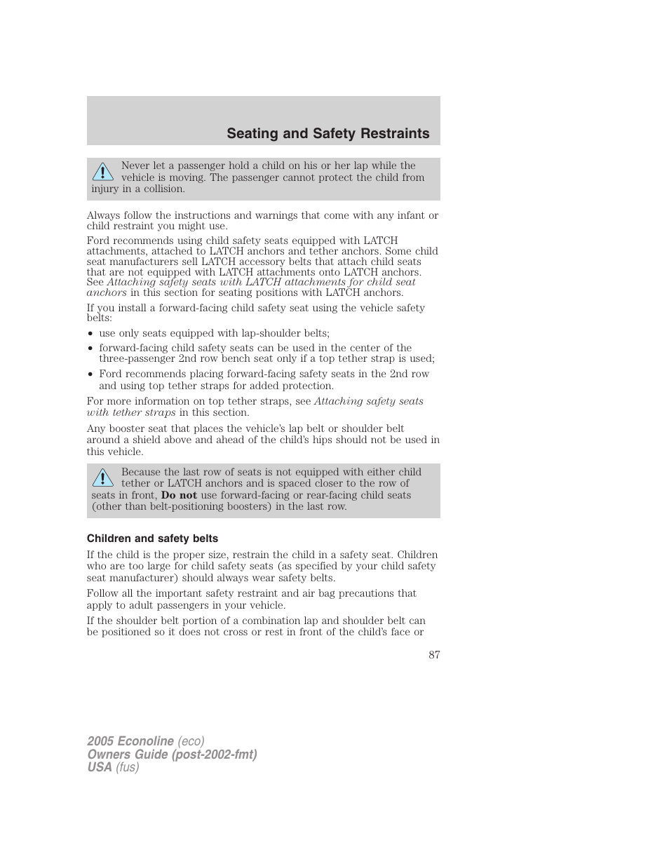 Children and safety belts, Seating and safety restraints | FORD 2005 E-150 User Manual | Page 87 / 248