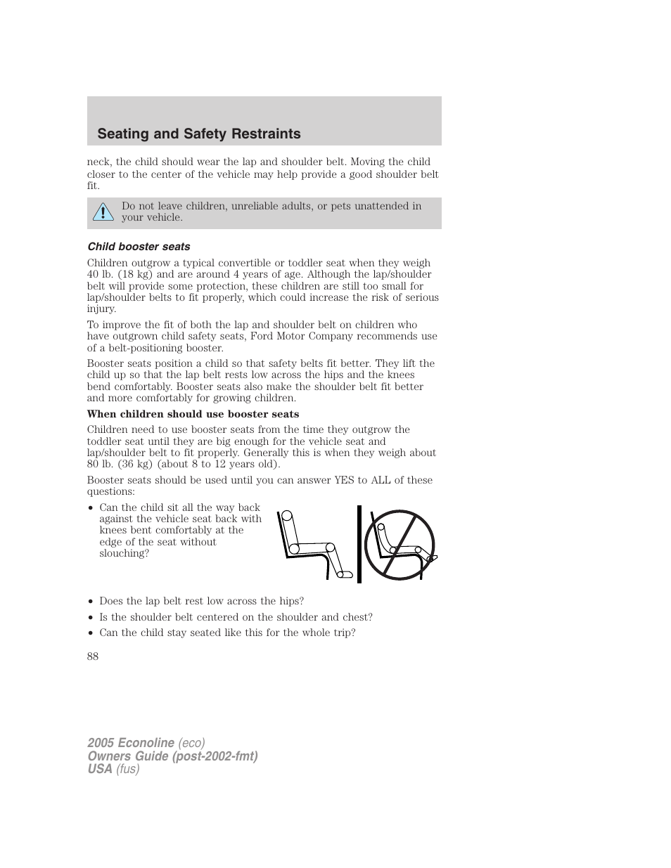 Child booster seats, Seating and safety restraints | FORD 2005 E-150 User Manual | Page 88 / 248