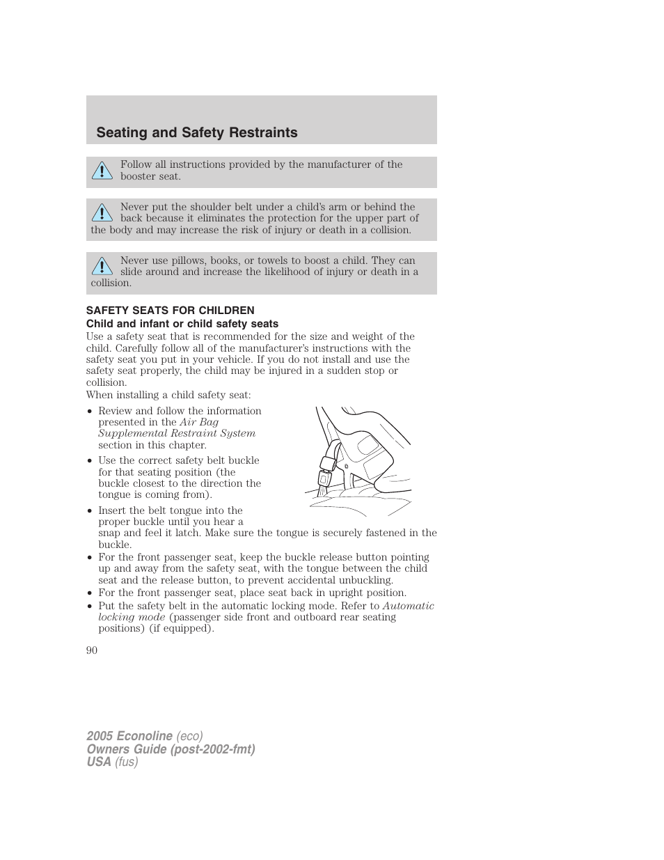 Safety seats for children, Child and infant or child safety seats, Seating and safety restraints | FORD 2005 E-150 User Manual | Page 90 / 248
