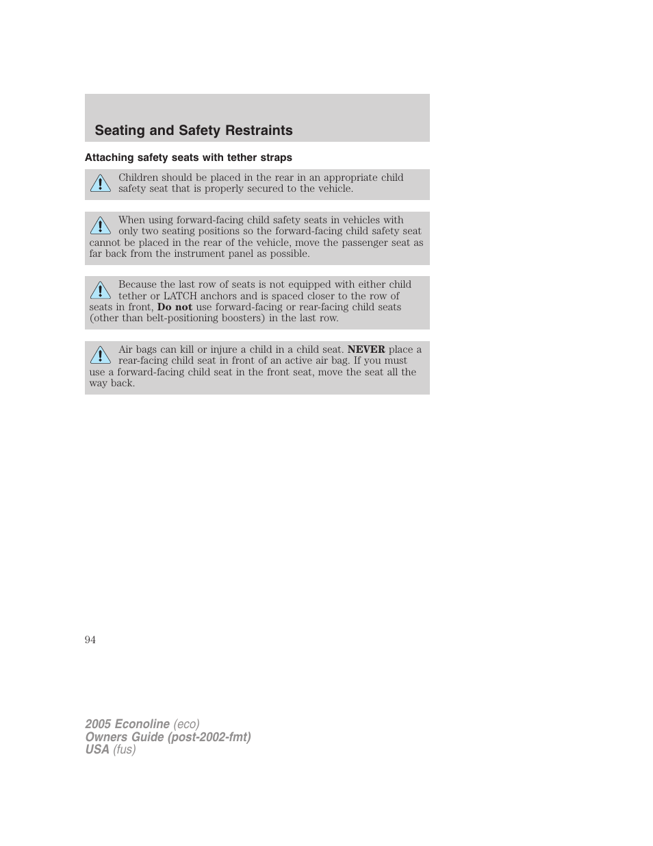 Attaching safety seats with tether straps, Seating and safety restraints | FORD 2005 E-150 User Manual | Page 94 / 248