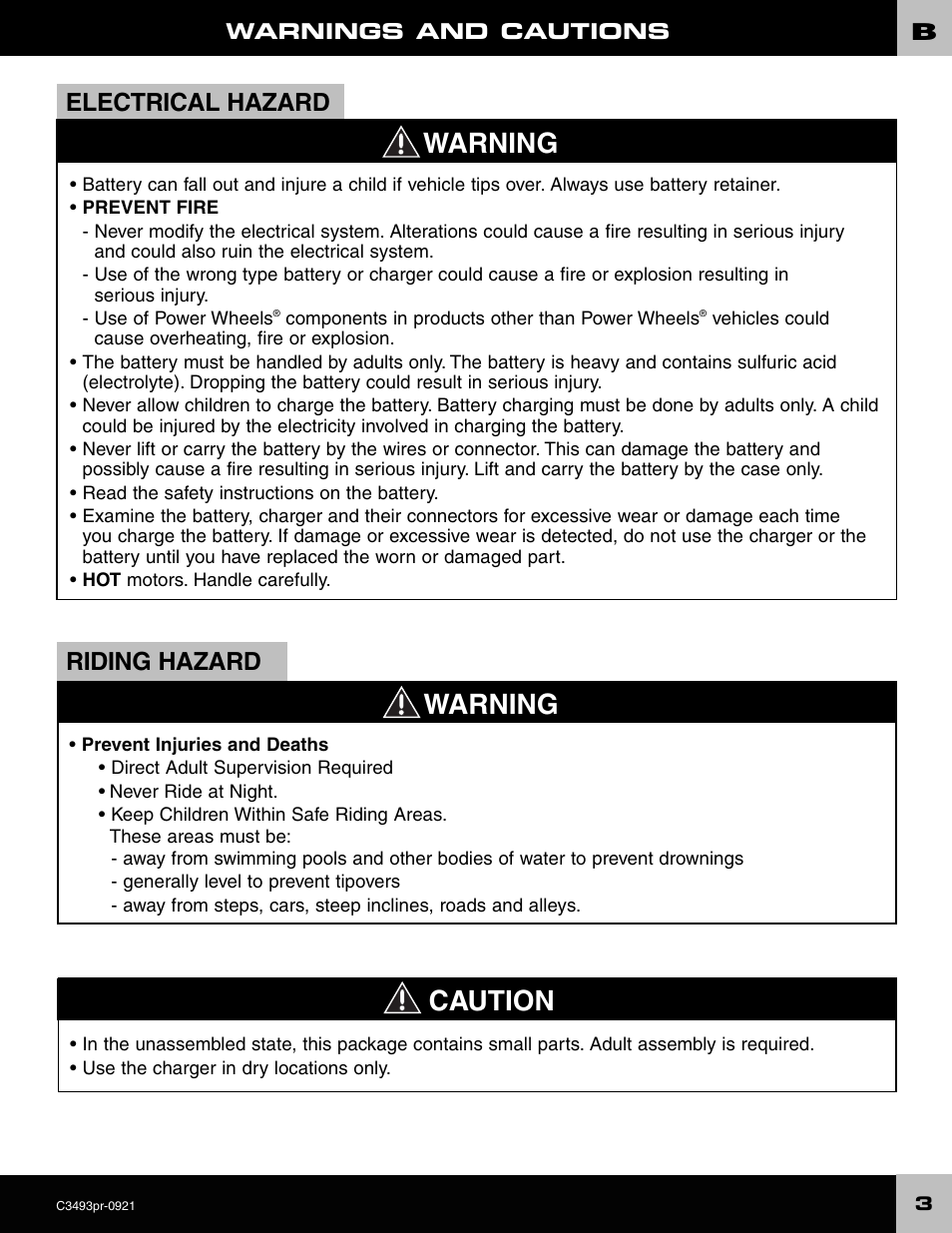 Warning caution, Warning, Electrical hazard | Riding hazard | FORD C3493 User Manual | Page 3 / 28