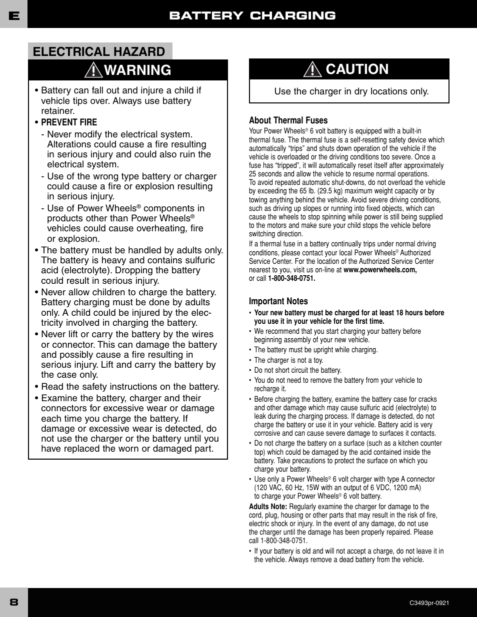 Warning caution, Electrical hazard, Battery charging | FORD C3493 User Manual | Page 8 / 28